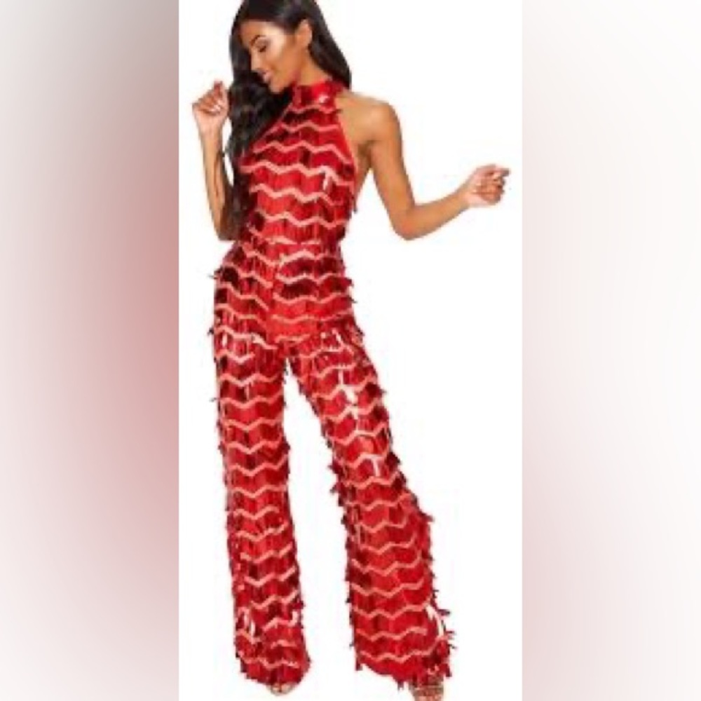 ISO Pretty Little Thing Red High Neck Sequin Jumpsuit Size 2 or 4. In Search Of.
